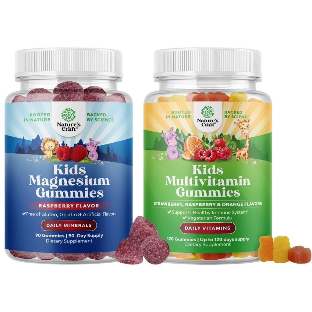 Bundle of Kids Magnesium Gummies - Doplněk pro nervové zdraví, svaly a zdravou podporu srdce, a Plant Based Kids Multivitamin Gummies - Multivitamin pro podporu imunity s vitamíny A C D3 E B