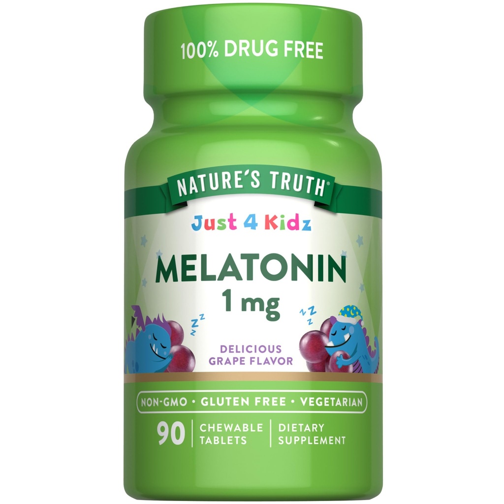 Nature 's Truth Kids Melatonin Chewable Tablet CLAS124; 1mg CLAS124; Grape Flavor CLAS124; Vegetarian, Non- GMO, & gluten zdarma dodatek