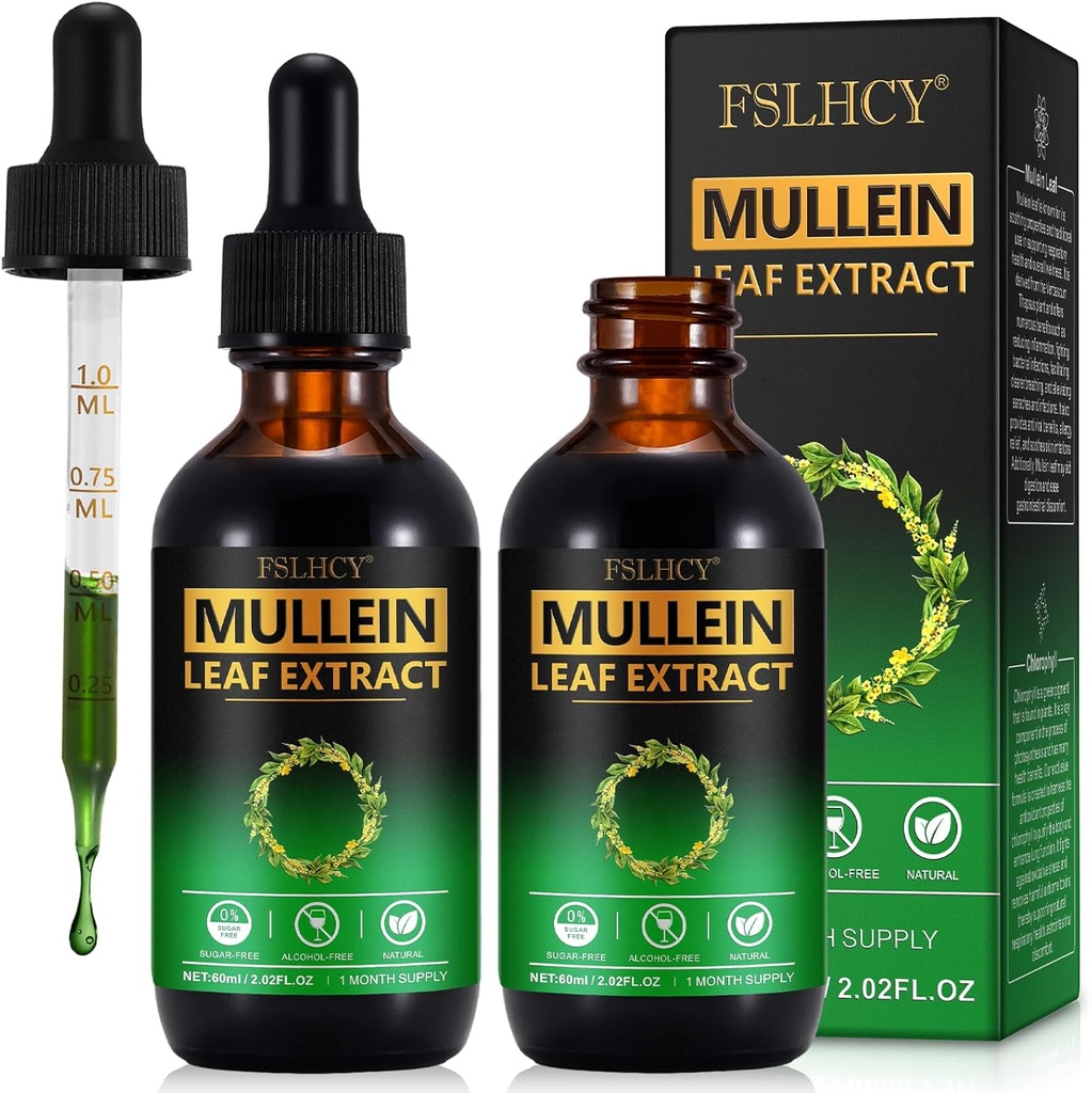 Mullein Drops, Mullein Leaf Extract, Organic Mullein Leaf tinktura Bylinný dodatek, No Additives Mullein Extract Drops 2 fl Oz, 2 balení