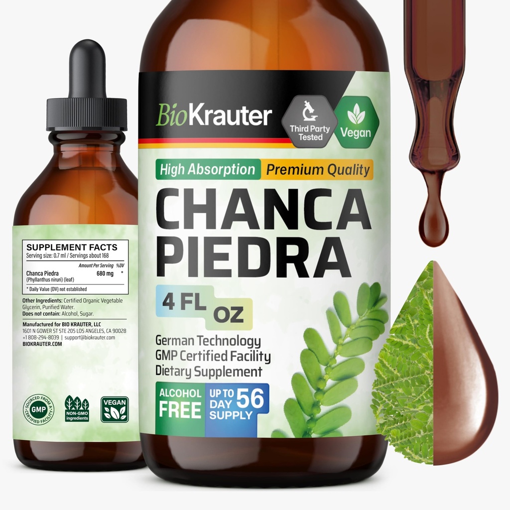BIO KRAUTER Chanca Piedra Tincture - Natural Ledney Health Support Liquid - Chanca Piedra Stone Breaker & Gallurge Cleanse Formule - Vegan, Alkohol & Sugar Free Drops - 4 oz