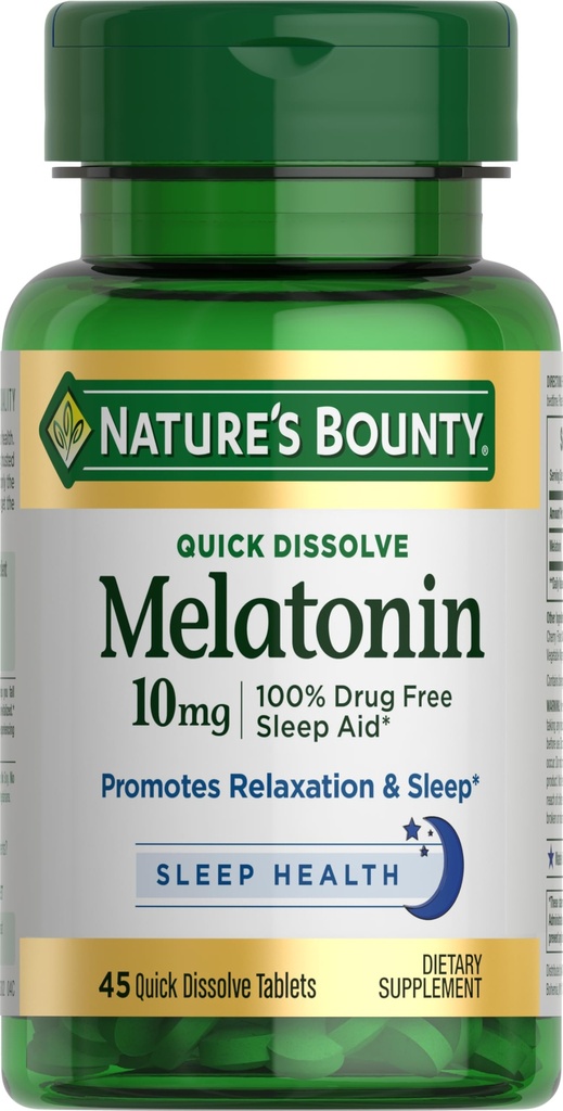 Nature 's Bounty Melatonin, 100% droga zdarma spánková pomoc, Dietní dodatek, Promotes Relaxation and Sleep Health, 10mg, 45 Rychlé rozpuštění tablety