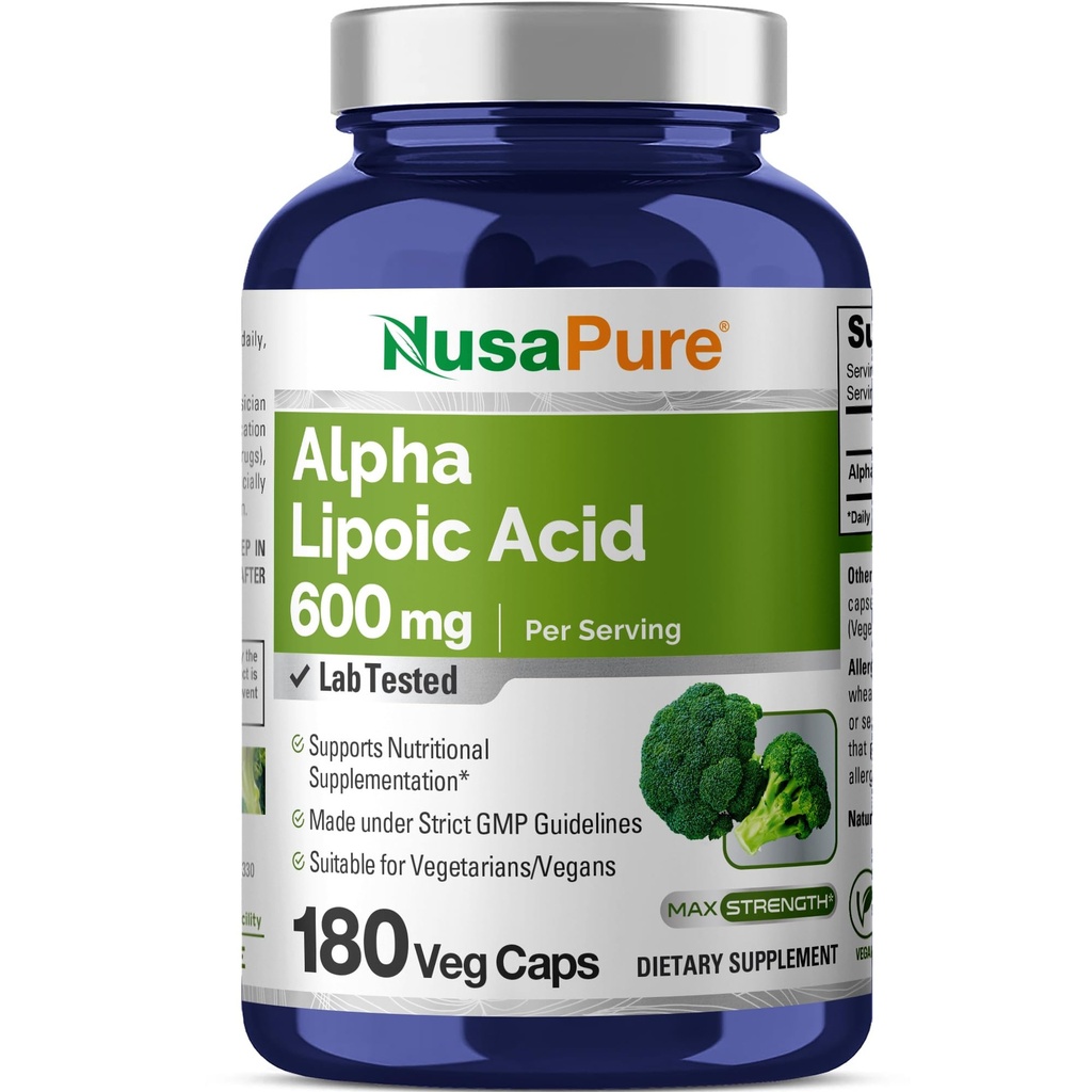 NusaPure Alpha Lipoic Acid 600 mg / Serving 180 Veggie Capsules (Vegetarian, Non- GMO, Vegan)