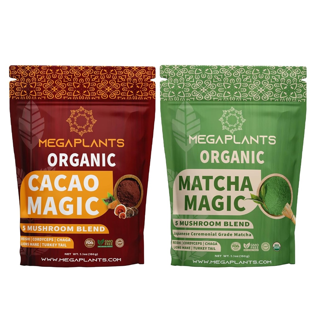 MegaRostliny Cacao Magic & Matcha Magic (50 Služeb) 124; Superfood 5 Houba Powder Blend for Focus, Clarity & Energy PHI124; USDA Organic