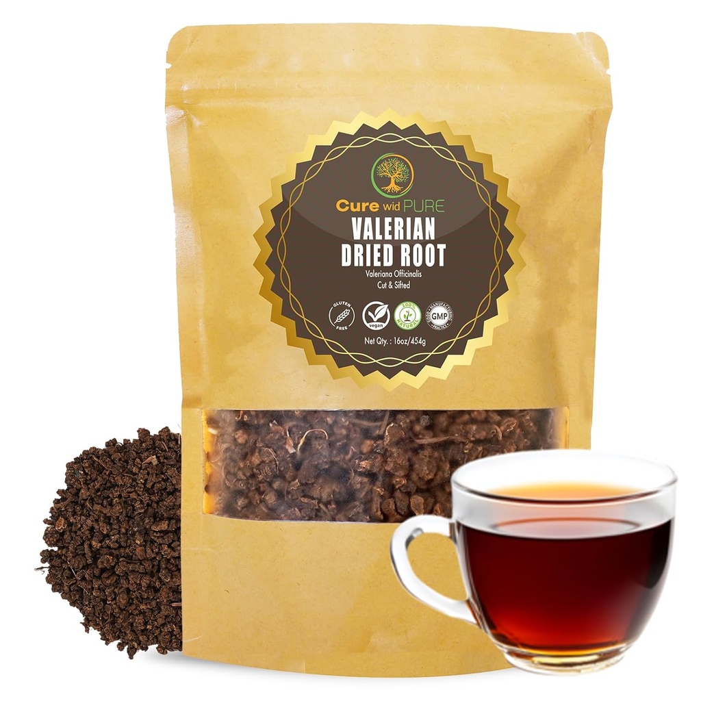 Cure wid pure Organic Valerian Root Tea - Řezaný, nastříhaný a neozářený Valerian Tea Promotes Natural Relaxing Sleep - Te De Valeriana officinalis in Resealable Eco Friendly Pouch 16oz