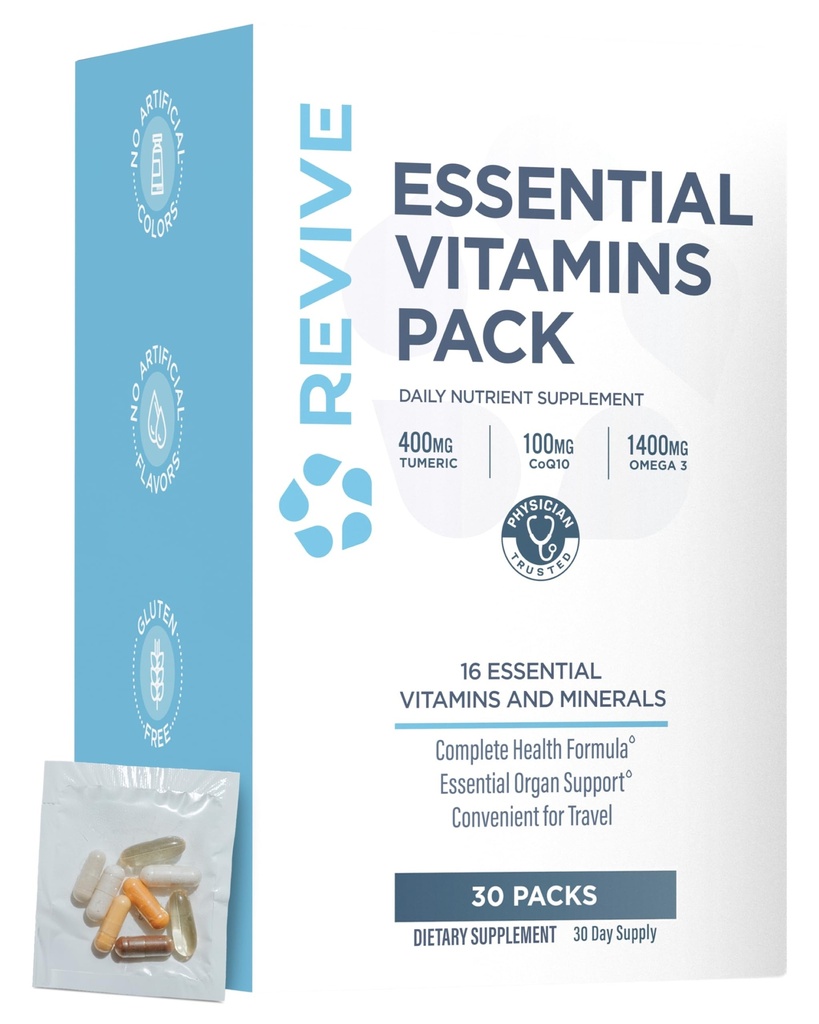Revive MD Essential vitamínové balíčky pro ženy a muže, Vitamíny Pack Daily Nutrient Supplement - Cestovatelný Multivitamin Packets s Arjuna & Turmeric Extract Support Heart, Joint, & Organ Health
