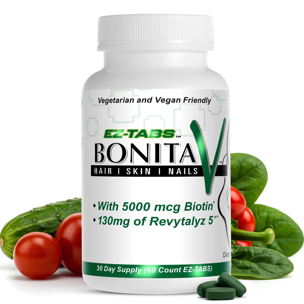 Základní zdroj Bonita V Vegan Vlasové nehty a kožní vitamíny pro ženy - 20 Aktivních složek včetně biotinu - Silnější nehty, zdravá kůže, růst vlasů - 60 EZ- TAB Veggie tablety