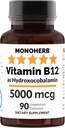 MONOHERB Hydroxo B12 Vitamin 5000mcg, Hydroxokobalamin, Hydroxy B12