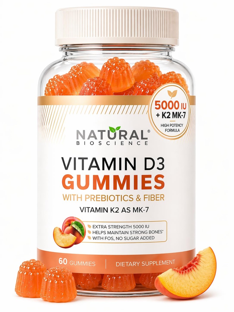 Bez vitaminu D3 K2 Gummies - Vitamin D3 Gummies 5000 IU + K2 MK7 80 mcg, K2 D3 doplněk vitamínu Dospělí, Vitamin D K2 pro kosti, imunitní, srdce, mood, gluten- Free, Non- GMO, Natural Peach Flavor