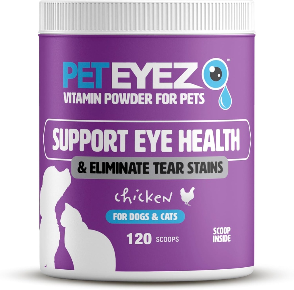 Pet Eyez Vitamin Prášek pro zvířata v zájmovém chovu - Podporuje oční zdraví a snižuje slzu Stavění - 100% přírodní potraviny Topper pro psy a kočky se Superfoods, Antioxidants & Nudents - Kuřecí ochucení - 120 Scoops