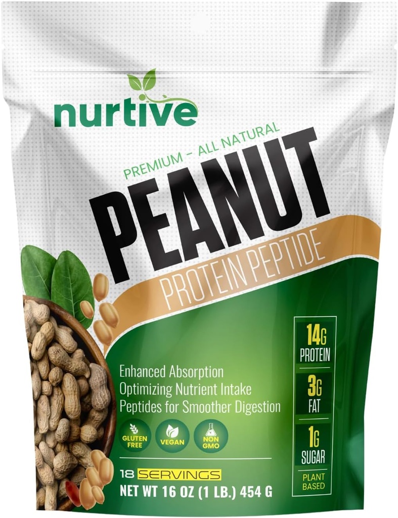 Peptidový prášek z arašídového proteinu - Plant- based, bohatý na výživu & fiber - Ideální pro atletiky & Fitness nadšence - Vylepšená rozpustnost a absorpce - 18 Služeb (16 oz / 454 g)