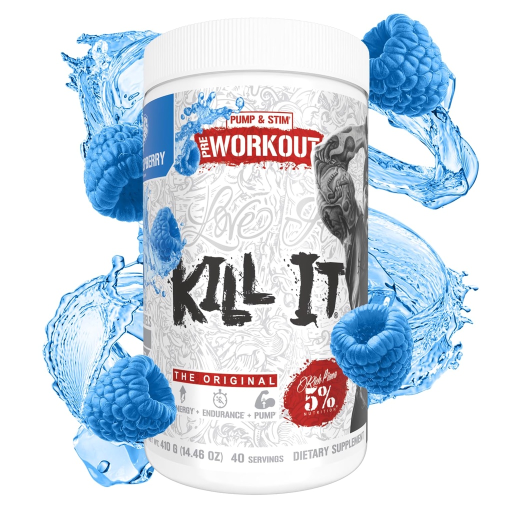 5% Nutrition Rich Piana Kill It Pre Workout Powder w / Creatine, Caffeine, Beta Alanine, Hydroprime Glycerol pro čerpadlo, síla, Endurance currency 124; 20 / 40 Srvgs (40 Služení, modrá Malina)