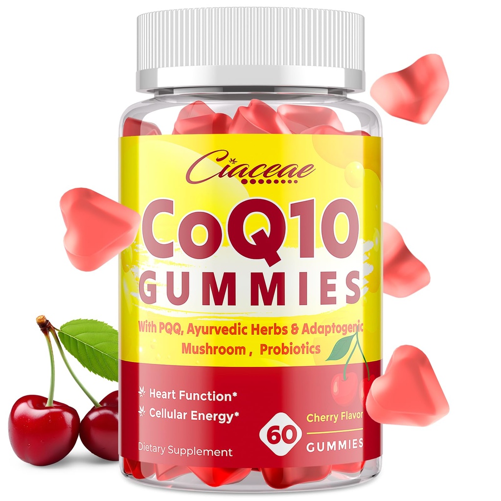 CoQ10 Gummies s PQQ - 400 MG Koenzym Q10 High potence, Vylepšený s Ayurvedic Byliny, Adaptogenní houby Směs & Probiotika pro srdce, Mozek, Energie, Imunita, Cherry Flavor, 60 Vegan Gummies