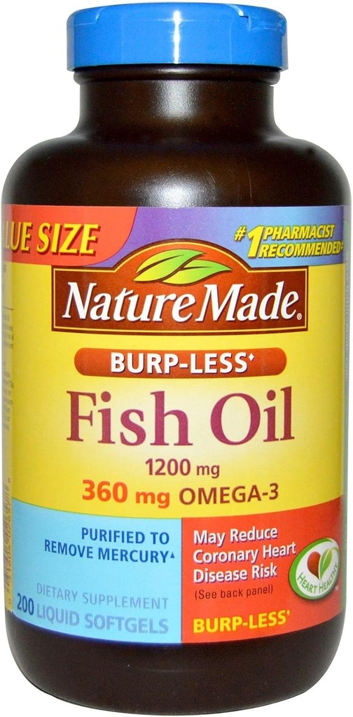 Nature Made Burp- Less Fish Oil 1200mg, 360mg Omega33, Liquid Softgels 200 ea (Balení po 2)