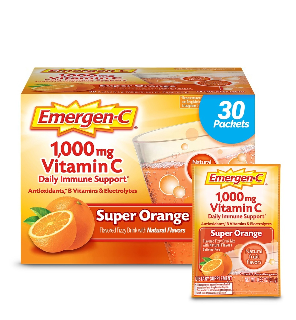 Emergen- C 1000mg vitamin C prášek pro denní imunitní podporu kofein zdarma vitamín C doplňky se zinkem a mangan, B vitaminy a elektrolyty, Super Orange Flavor - 30 Počet