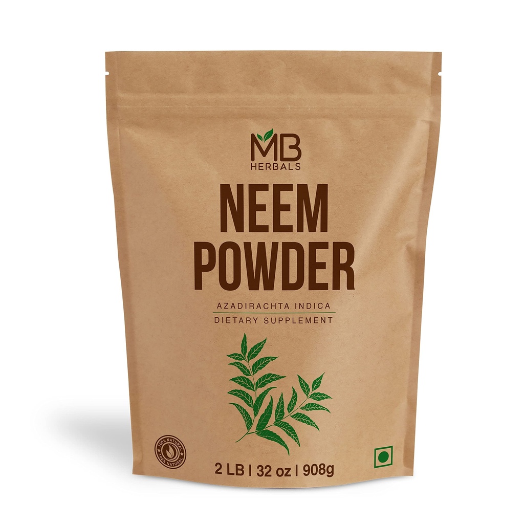 MB Herbals Pure Neem Powder 2 lb OF 124; 32 oz OF 124; 908 Gram OF 124; 100% Pure Wild- Crafted Neem Leaf Powder Of 124; Very Bitter Neem Supplement for Skin Hair & Detox OF 124; Azadirachta Indica