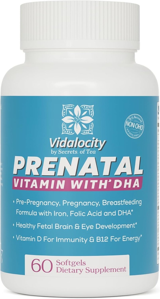 Vidalocity Prenatal Vitamíny pro ženy, Multivitamin Kapsle: Omega 3 Fish Oil (EPA / DHA), Hořčík, Folát, Vitamin D3, C, Vitamin B12, B6, Vitamin A, K & Zinek, 60 Počet (60 Day Supply)