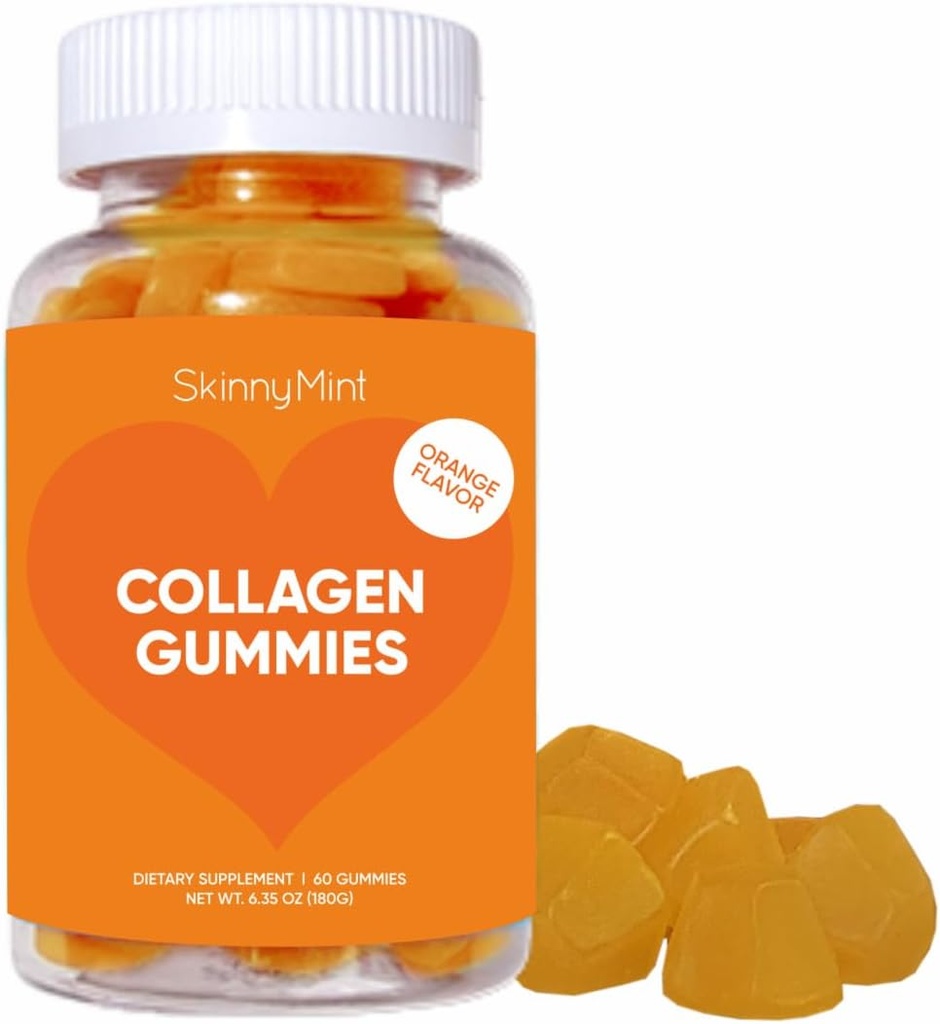 SkinnyMint Kolagenové gumy dodatek pro zdravou pleť, hřebíky a vlasy podporu, gluten zdarma Kolagen Žvýkací gumy pro muže a ženy, Natural Orange Flavor -60 Počet (180G) - 1 měsíc