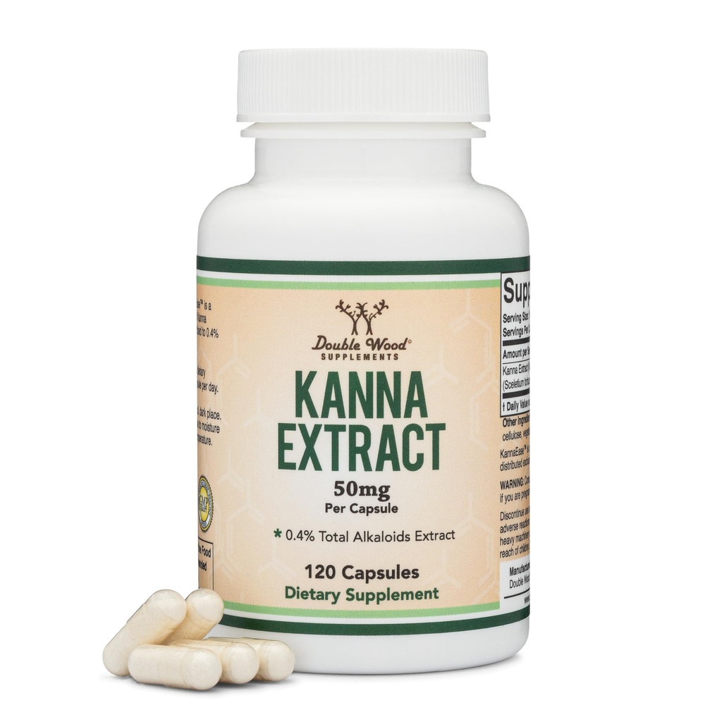 Kanna Extract dodatek (Sceletium Tortuosum) - 50mg Per Kapsle, 120 Počet - pro relaxaci a klid mysli (Min. 4% celkové alkaloidy) Non- GMO, gluten zdarma, Vegan Safe by Double Wood