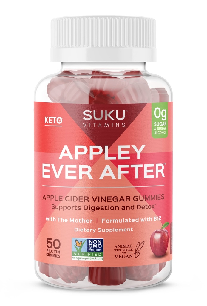 SuKU Appley Ever After Gummies - jablečný ocet s methylovaným B12 & Folátem - bez cukru, bez glutenu, Vegan Detox & Energy Support - Amazing Apple Flavor - 50 Počet