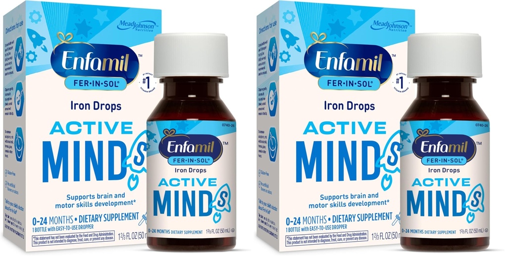Enfamil Fer- in- Sol Iron Supplement Kapky pro kojence & Toddlers, Podporuje vývoj mozku, 50 ml Kapátko láhev (Balení po 2)