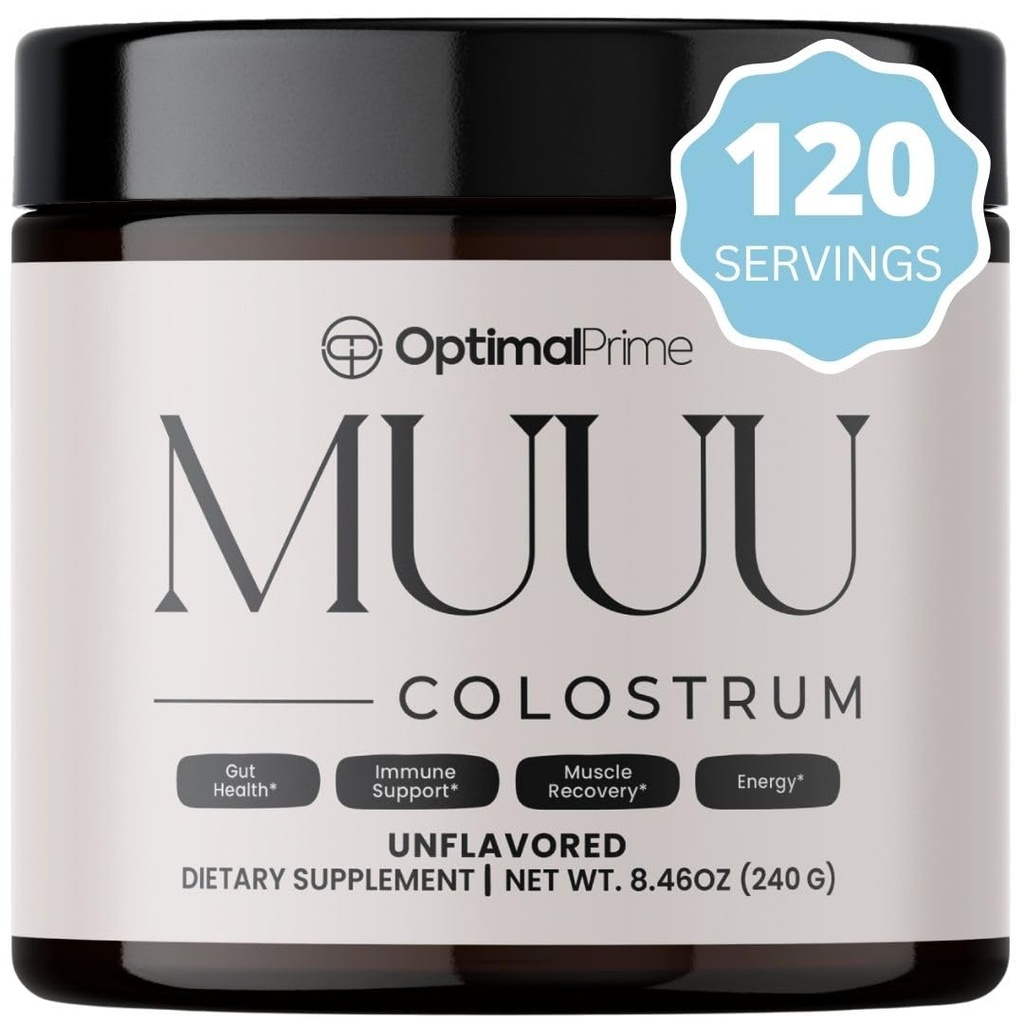 Optimální Prime - MUUU Bovine Colostrum dodatek a Superfood Powder for Gut Health, Nafukování, Imunitní podpora, Vlasy, Kůže, a nehtů bez příchutí, 120 Služeb