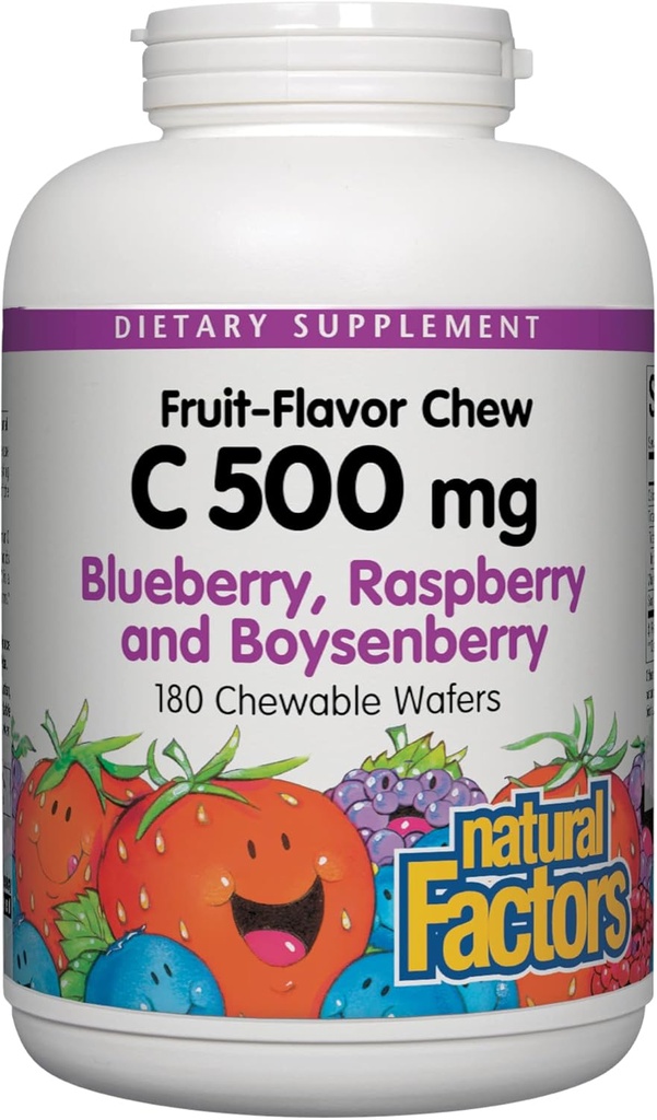 Přírodní faktory, Děti Žvýkací vitamin C 500 mg, podporuje imunitní zdraví, kosti, zuby a žvýkačky, borůvky, Maliny a Boysenberry, 180 Počet (balení po 1)