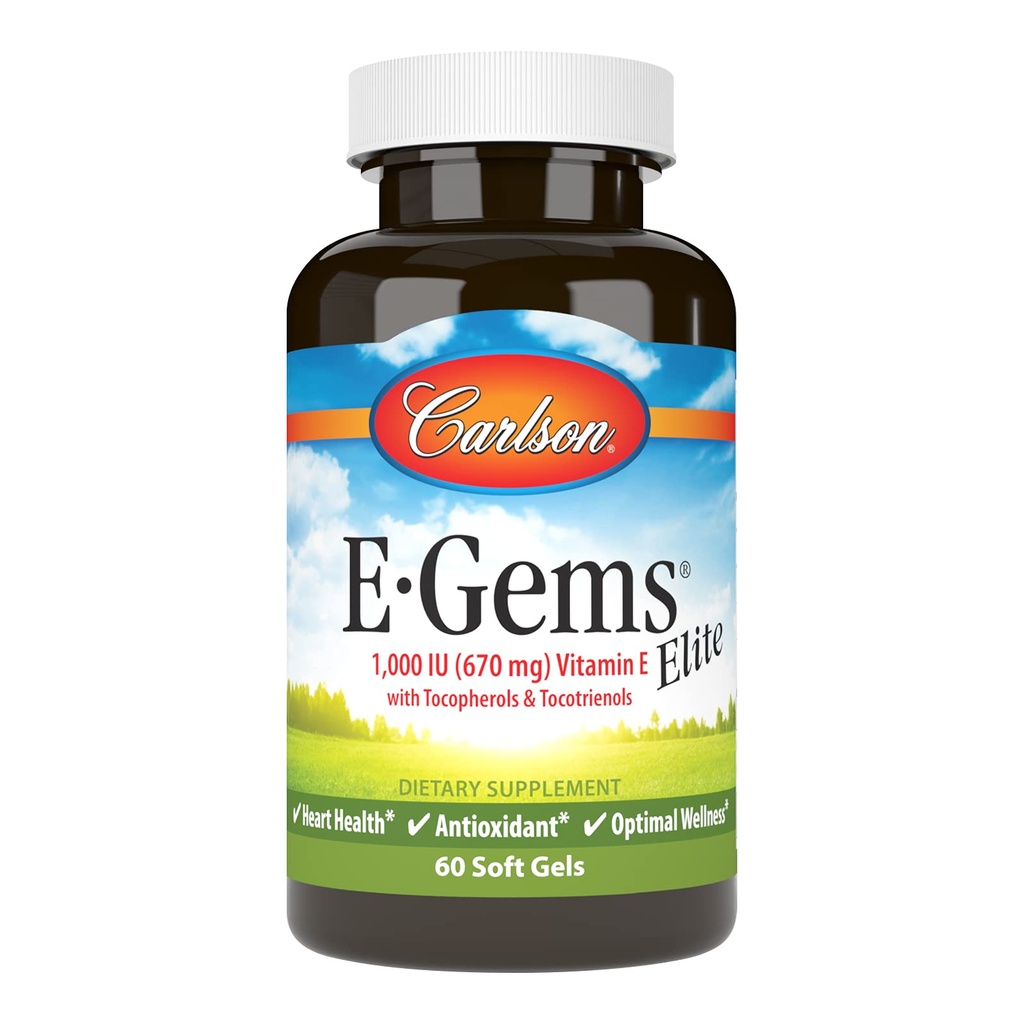 Carlson - E- Gems Elite, 1000 IU (670 mg) Vitamin E s tokoferoly a tokotrienoly, Optimální Wellness, 60 Softgels