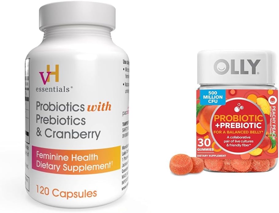 vH nezbytnosti Probiotika s Prebiotika a Cranberry Feminine Zdraví Kapsle Bundle s OLLY Probiotic + Prebiotic Gummy Digestive a Gut zdraví Žvýkací doplněk