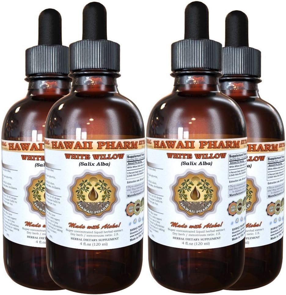 White Willow Liquid Extract, Organic White Willow (Salix Alba) Sušený Bark tinktura, Bylinný dodatek, Hawaii Pharm, Made in USA, 4x4 fl.oz