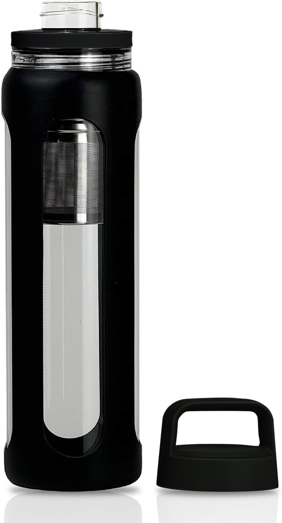 20oz Skleněná láhev se silikonovým rukávem, 600ml hrnek se 2 litry (široká ústa a malé ústa rovné pití) s čajovou lahev - Gym jóga venkovní aktivity (černá)