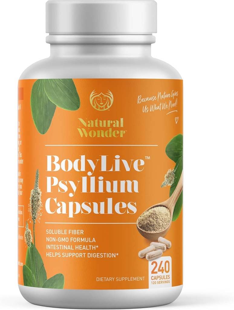 BodyLive Psylium Husk Fiber Capsule Non- GMO 725mg, 240 Kapsle (1450mg / porcing, 120 Servings) Dodatek pro Colon Cleanse, Regularita, Zdravá strava, Prebiotický, Laxative, Heart Health