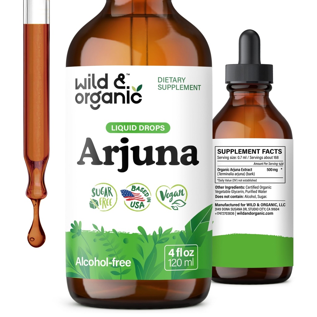 Wild & Organic Arjuna Bark Tincture - Celkový doplněk well- Being - Alcohol- Free Liquid Drops - Terminalia Arjuna Bark Extract - No Sugar & Additives, Non- GMO - 4 fl oz