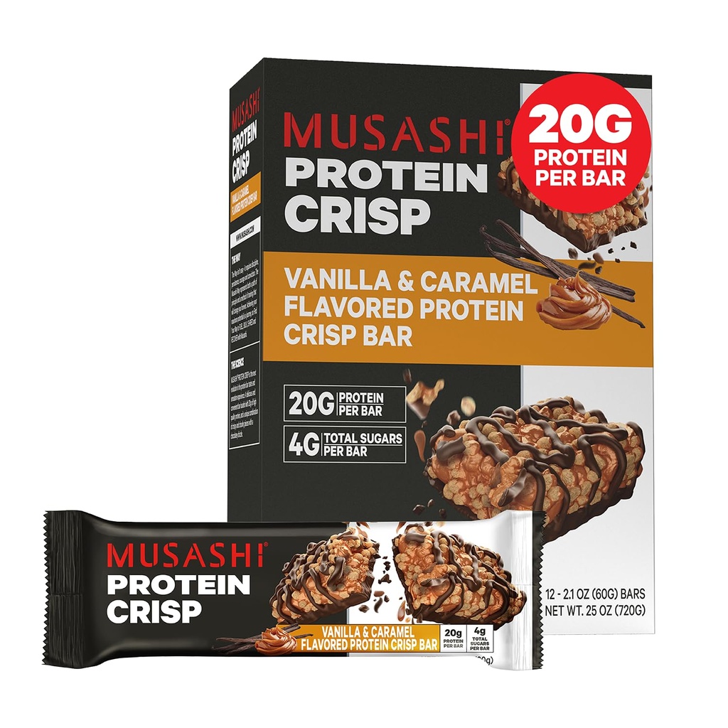 MUSASHI Protein Crisp Bar, 20g Protein, 4g Celkem Sugars, Vanilla & Karamel, Post Workout a Snack On The Go, 12 Pack of 2.1oz (60g) Bary