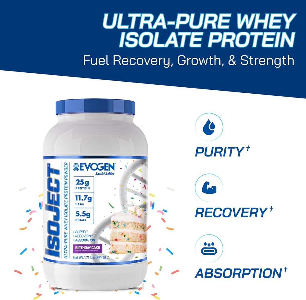 Evogen Isoject - Syrovátkový protein izolát 124; Ultra- čistý syrovátkový protein prášek s Ignitor Enzymy, BCAA a EAA 124; Enhanced Absorption & Recovery 124; Narozeninový dort 124; 25 Služební cesty