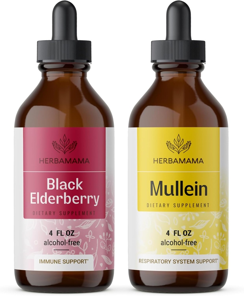 Herbamama Herbal Liquid Drops Kit - Bundle of Black Elderberry Extract and Mullein Leaf Tincture 4 fl oz - Vegan, Non- GMO, Sugar & Alcohol- Free - 2 Pack