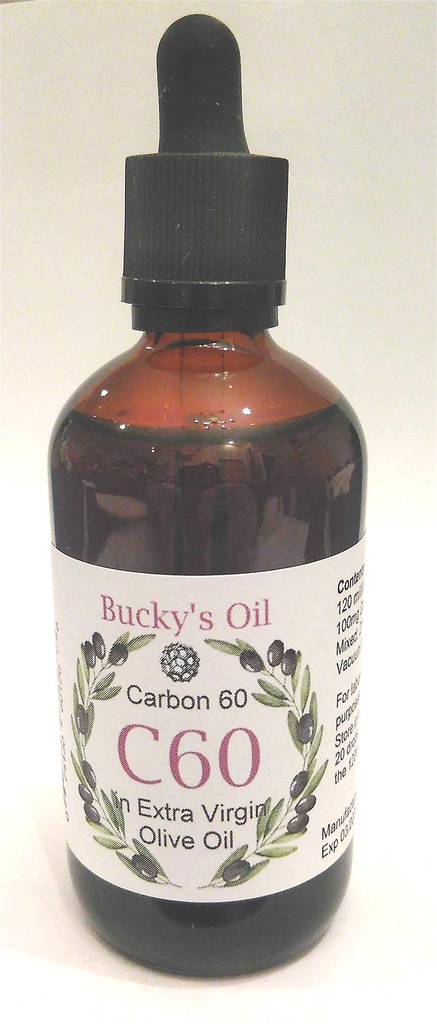 C60 - 120ml extra panenského olivového oleje se 100 mg uhlíku 60 99,95% v roztoku.