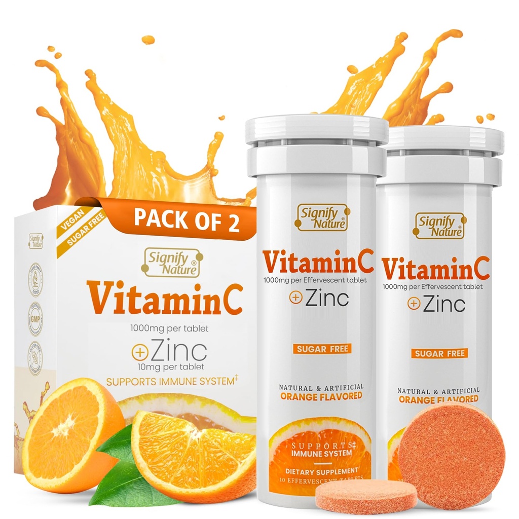 SIGNIFY NATURE Vitamin C 1000mg Effervescent Tablets - Potenciální imunitní podpora VIT C s doplňkem zinku - Sugar- Free & Vegans Formule 124; Rozpustné Vitamin C Tablety - Voda rozpustný Fizzy Elixir - 20CT