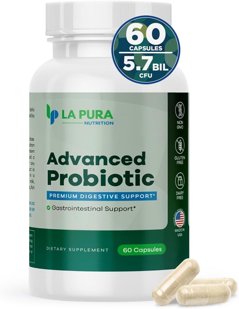 LaPura Advanced Probiotic - Premium Digestive Support for Gut & Imunitary Health, 60 Kapsle - 5.75 Miliardy CFU Probiotika včetně DE111 (Bacillus subtilis) - Non- GMO, gluten- Free, Made in USA