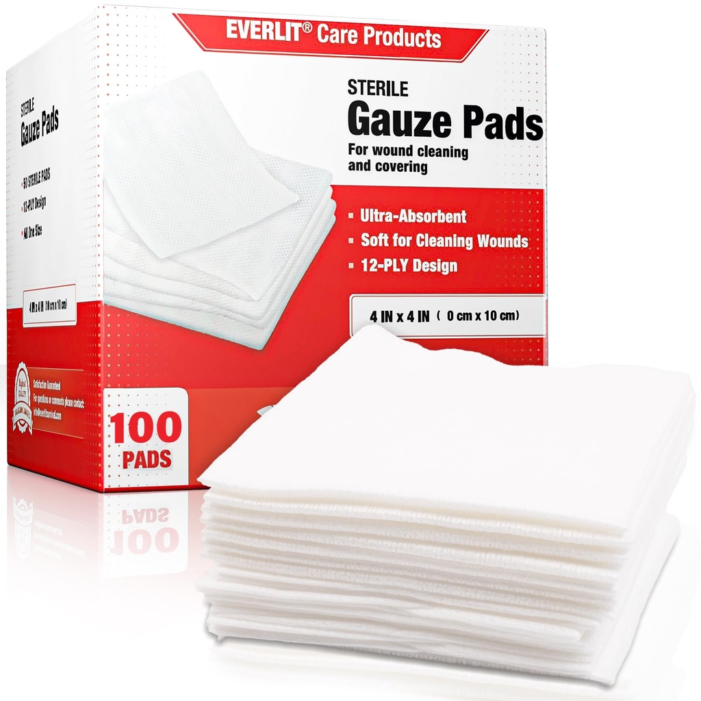 Everylit [Extra- Thick] 4 "x4" Sterilní Gáza Pad 12-Ply, 100 Pack, Individuální balení, Ultra Absorbent Velké Non- Tkané lékařské gázy houbičky pro péči o zranění doma první pomoc