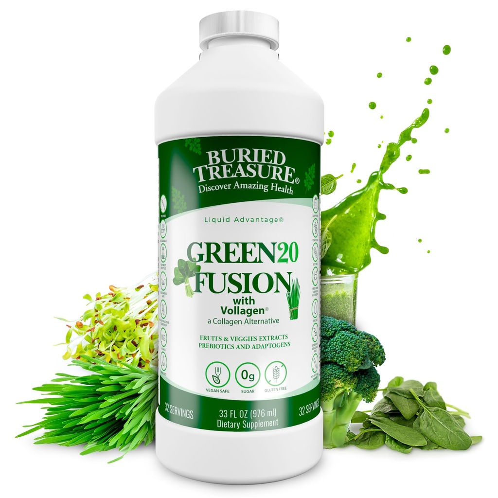 Poklad pohřben Green20 Fusion - Superfood Směs s Vollagen pro pleť, vlasy, a společné podpory, Plant- based, Vegan, Non- GMO gluten- Free, Dairy- Free, Soy- Free, 32- oz Liquid