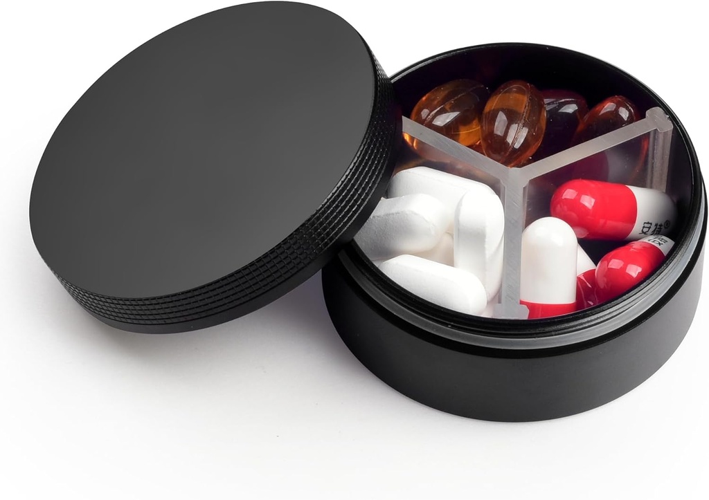 Malý pouzdro 3 Compartments, Metal Round Portable Pill Box, Waterproof Travel Pill Organizátor, Kapsa Purse Medicine Držák vitaminu EDC Kontejner (Black)