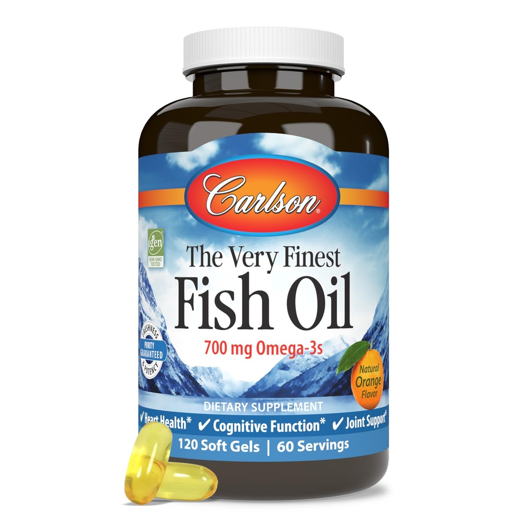 Carlson - Nejjemnější rybí olej, 700 mg Omega-3s, Norský dodatek k rybím oleji, Volně žijící Omega 3 Rybí olej, Udržitelně sourced Fish Oil Kapsle, Omega 3 Dodatek, Orange, 120 Softgels