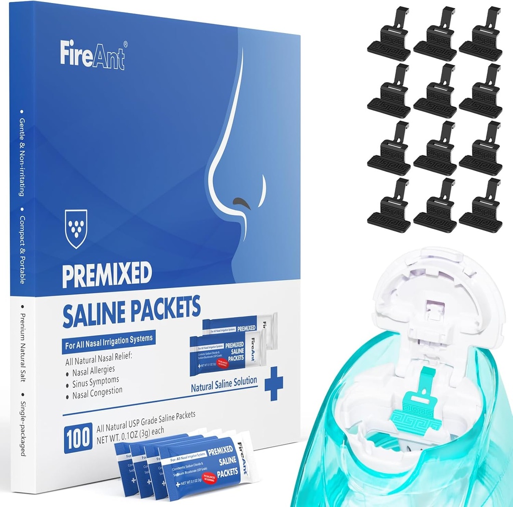 FireAnt 100 Saline Packets a 12 Reuse Saline Pods Refills Set, kompatibilní s Navage Nasal Care - Obsahuje 100 Count Salt Packets Sinus Rinse + 12 Pack Silicone Salt Pads Refill in Black