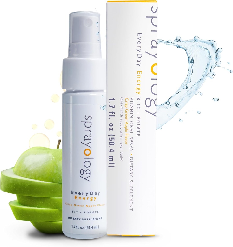 Sprayologie Everyday Energy Spray 124; Vitamin B12 a Folát dodatek Spray 124; Vegan Oral Spray for Energy, Metabolismus & Brain Support Spray 124; All- Natural, Gluten- Free & Lactose-Free Spray 124; 30 Day Supply (1.7 fl oz)