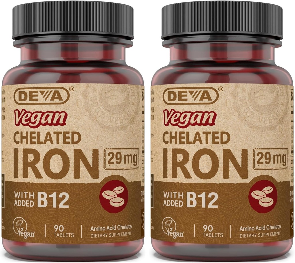 DEVA Nutrition Vegan Chelated Iron 29 mg s B- 12 - Vysoká účinnost, snadné spolknutí - 90 tablet, 2- balení