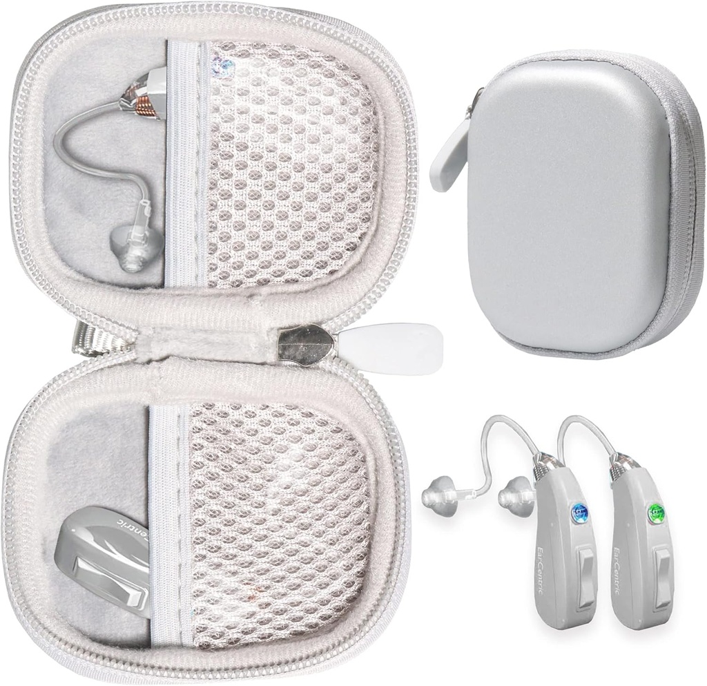 CaseSack Pouzdro pro naslouchací pomůcky kompatibilní s EarCentic EasyCharge Recharge Sluchací pomůcky také pro Otofonix Elite / Encore, Banglijian, Britzgo, My Tone, LIGINN, Blaids, Lexie, Twiak (Silver)