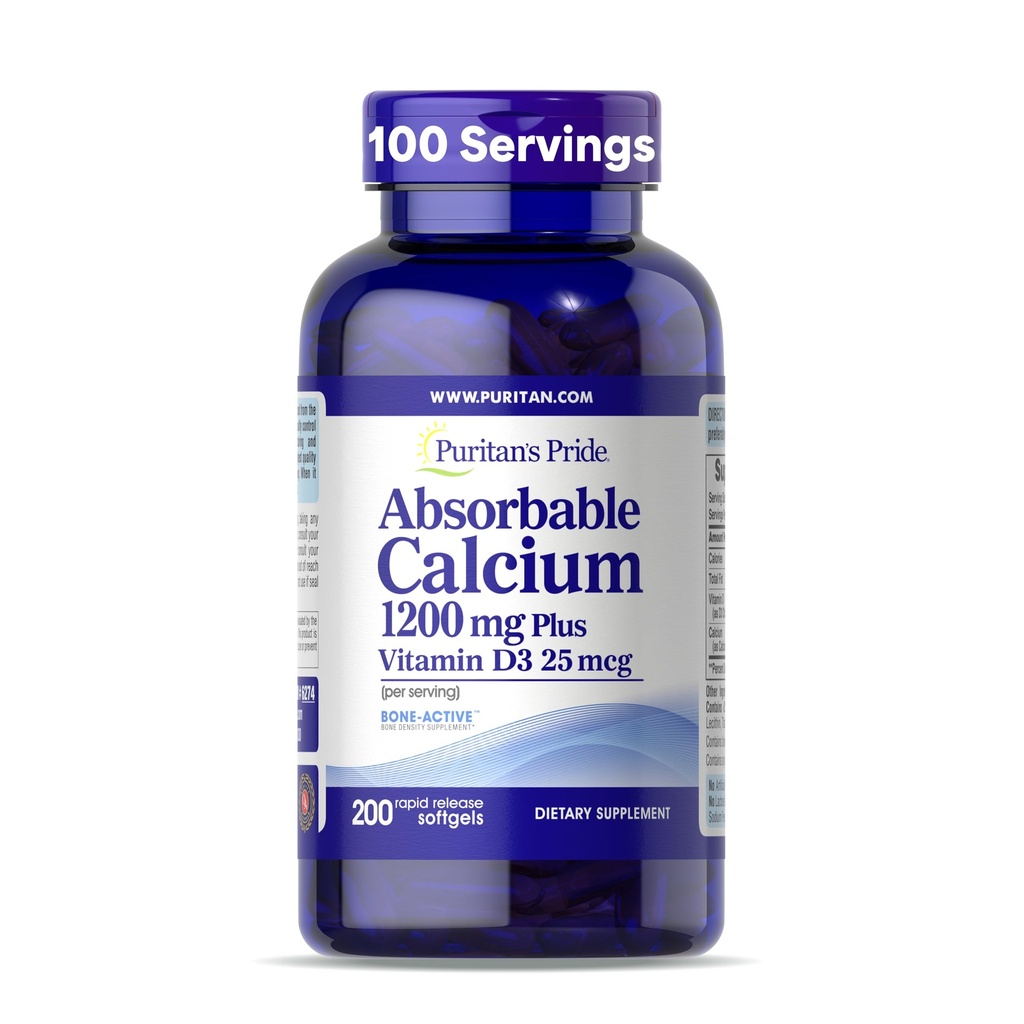 Puritan 's Pride Absorbovatelný vápník 1200 mg Plus Vitamin D3 25mcg 1000 IU s Bone- Active ™, 200 rychlým uvolňováním