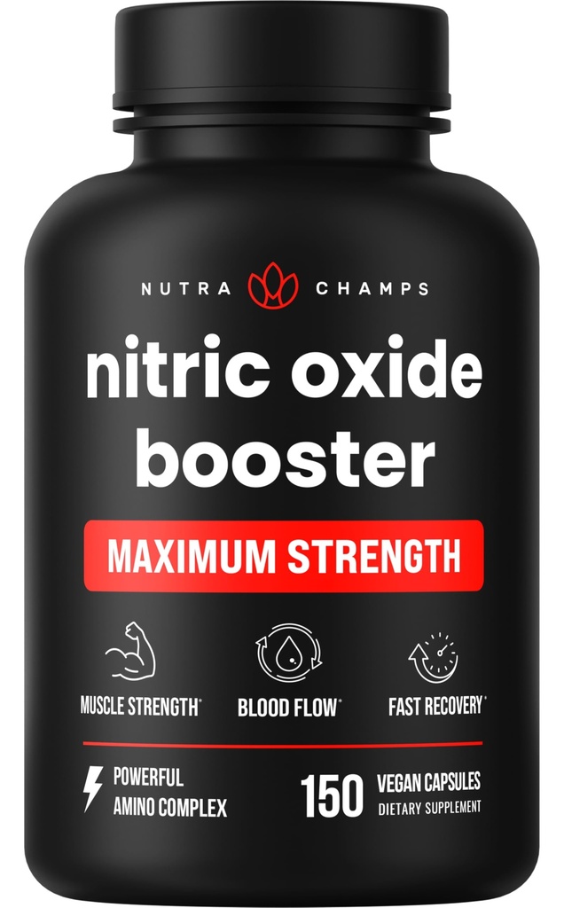 NutraChamps Nitric Oxide Supplement, L- Arginin, L Citrulline Malate, AAKG, Pine Bark, Grape Seed Extract, Extra Strength Nitric Oxide Booster, Nitric Oxide Pills, Síla, Energie, krevní tok