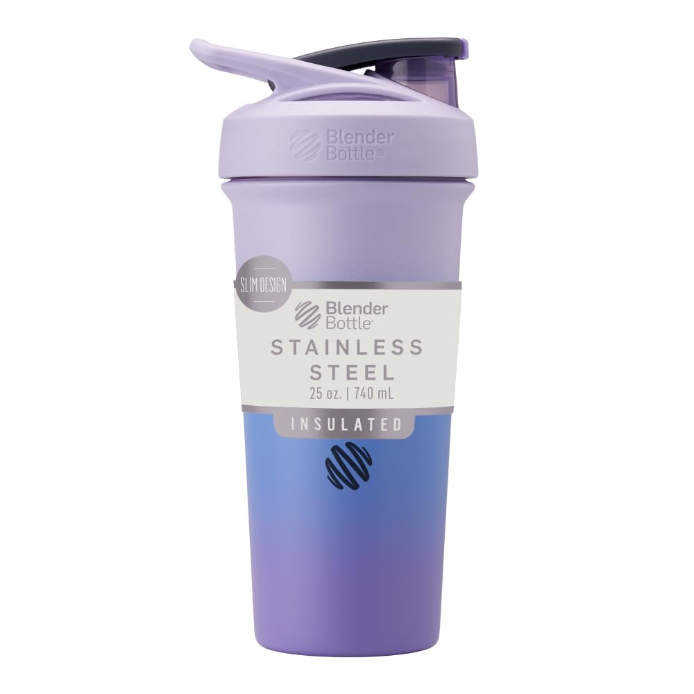 BlenderBottle Sport Sleek Izolovaná nerezová ocel Shaker Lahev s Wire Whisk, 25-Ounce, Lavender Ombre - Protein Shake & Hydration pro sportovce & Fitness Enthusiasts, Easy Mixing, Slim Easy to Hold, Drží drinky studené, Uzamykatelné Lid