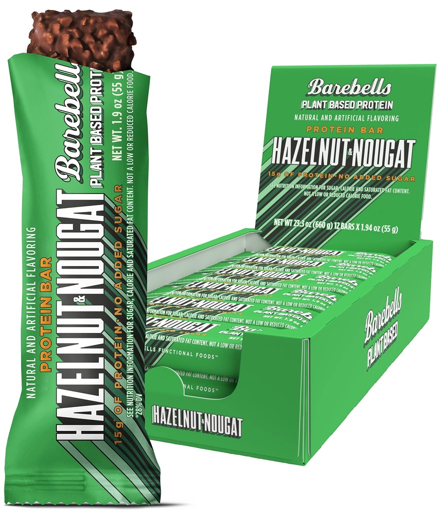 Barebells Vegan Protein Bars Hazelnut & Nougat - 12 hrabě, 1.9oz Bary - Funkce rostlin na bázi proteinů Bar s 15g bílkovin - Čokoládové proteinové svačinky s pouze 1g celkové cukry - Ideální pro